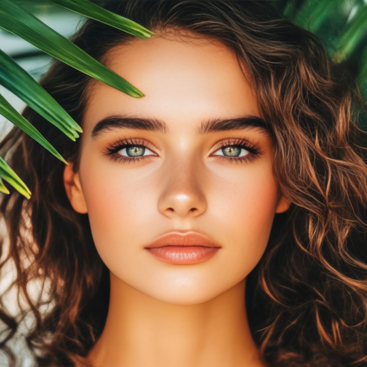 Beautiful woman with perfect skin framed by lush tropical leaves, a portrait of natural beauty. Beautiful woman with perfect skin framed by lush tropical leaves, a portrait of natural beauty.